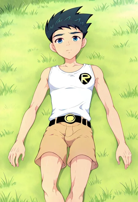 1boy, robin_titans, black hair, blue eyes, boy, solo, young man, small body, brown shorts, outdoor, sunny day, clear sky, avarage height, strong leg, medium build body, white tank top, plain color tank top, plain tank top, lean body, mikkoukun, male focus, lying on grass