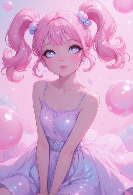 solo, playful girl, bubblegum bubble, pastel candy swirls, bubblegum pink pigtails, glitter, sparkling eyes, pastel pink, lavender glitter, pastel dress masterpiece, best quality, amazing quality, newest, <lora:PinkieSoftcoreAnimeIL:1>, pinksoftcoreanime,