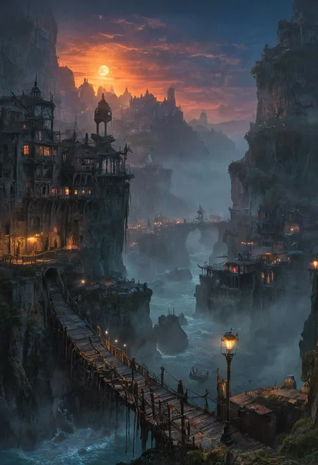A rickety bridge stretches across a deep chasm, connecting two high cliffs that overlook a bustling port. Multiple galleons are anchored at the docks, their tall masts and intricate rigging silhouetted against a colorful sky. The vibrant hues of sunset blend with the darkening twilight, as the full moon begins to rise, casting a silvery glow over the scene. Smoke drifts lazily from the port, mingling with the thick mist that clings to the ground, creating an eerie and mysterious atmosphere. The overall setting is dark and foreboding, yet the moonlight and colorful sky add a touch of ethereal beauty.