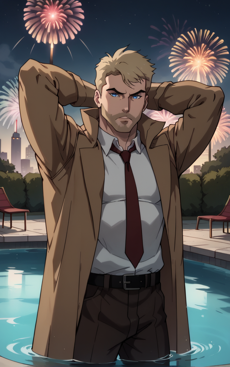 score_9, score_8_up, score_7_up, looking at viewer,  BREAK
DCAU_JL_JohnConstantine_ownwaifu, 
1boy, blonde hair, blue eyes, male focus, short hair, facial hair, mustache, 
red necktie, trench coat, white shirt, collared shirt, open coat, brown coat, belt, pants, coat, long sleeves, beard, brown jacket, formal, brown pants, popped collar, black belt, long coat
(contrapposto, arms behind head, aerial fireworks), wading, neon_lights, cityscape, night, pool, full moon, outdoors, <lora:PONYXL_DCAU_JL_JohnConstantine_ownwaifu:0.9> , depth of field, solo, Interesting Image, Captivating Image,
