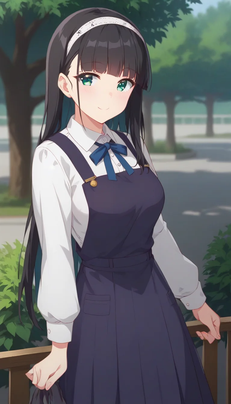 score_9,score_8_up,score_7_up,score_6_up BREAK official art,solo,outdoors,upper body,(portrait:1.5),looking at viewer,facing viewer,smile,blush,Yomiuri Shiori,long hair,black hair,straight hair,white hairband,sidelocks,blunt bangs,green eyes,school uniform,neck ribbon,blue ribbon,pinafore dress,purple dress,long dress,white shirt,collared shirt,dress shirt,buttons,long sleeves,medium breasts,black socks,loafers,<lora:Yomiuri Shiori(gs)-Pony:1.4>,