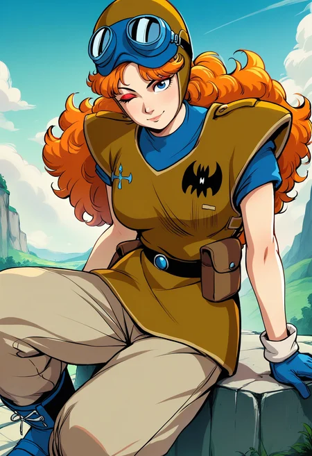 score_9, score_8_up, score_7_up, score_6_up, source_anime, <lora:DBExtraGirl02Pa:0.9>, DBExtraGirl02Pa, blue eyes, long hair, orange hair, curly hair, red eyeshadow, large breasts,
brown armor, blue undershirt, blue gloves, helmet, goggles on headwear, beige pants, blue boots, black belt, belt pouch,
one eye closed, seductive smile,