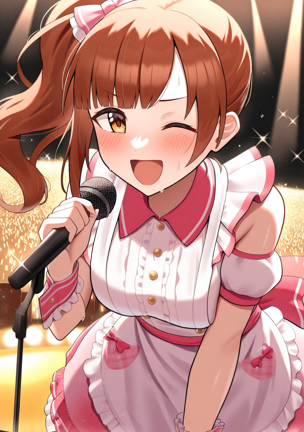 masterpiece, best quality, absurdres, perfect lighting,shiny skin,<lora:StS-Illustrious-Detail-Slider-v1.0:3>,<lora:illustrious_noobai_epsilon_pred_1_best_quality_v1:1>,1girl,igarashi kyoko,brown hair, side ponytail,brown eyes, <lora:igarashi_kyoko:1>, microphone, omelet,frills,wrist cuffs, apron,hair bow,singing, audience, on_stage,lighting,sparkle,leaning forward, wink,sweat,blush,happy,