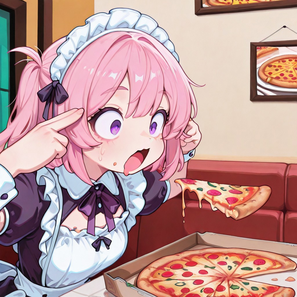 CivChan, purple eyes, pink hair, wide mouth, eating slice, drool, wide eyed, meme, exaggerated expression,  pizza drooping, looking at pizza, in restaurant, solo, holding pizza slice, side profile, pizzakinesis, man levitating pizza (meme), pizza slice, floating food, fingers to head, maid outfit, solo