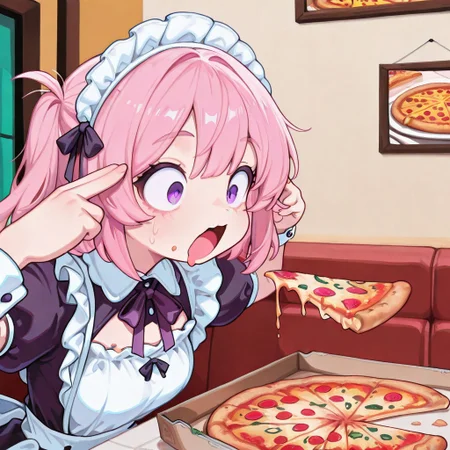 CivChan, purple eyes, pink hair, wide mouth, eating slice, drool, wide eyed, meme, exaggerated expression, pizza drooping, looking at pizza, in restaurant, solo, holding pizza slice, side profile, pizzakinesis, man levitating pizza (meme), pizza slice, floating food, fingers to head, maid outfit, solo