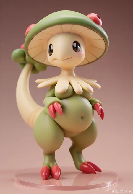 score_9, score_8_up, score_7_up, score_6_up,anime, 1girl, solo, Breloom, Pokemon (creature), green body, mushroom head, two claws, tail, no breasts, plump, horny expression, (seductive), chubby. Chibi