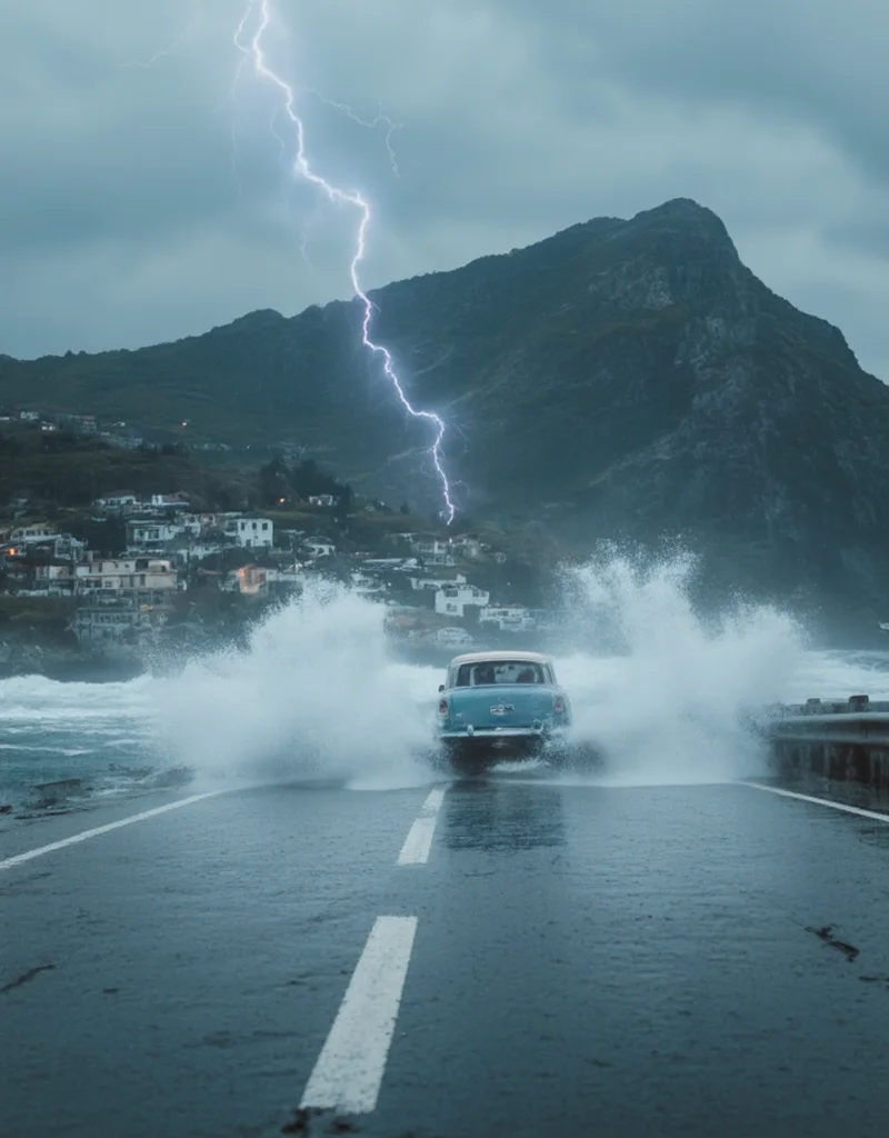 <lora:City_Worlds_01_v1_Roads_flux:1> realistic photo of citybkg, low buildings, mountain, town, scenery, sea side road, storm, high waves, old car, from tail, wet, rain, clouds, splashing waves, stunning effects, lightning,