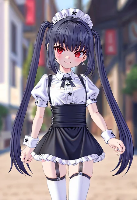 blurred background,
smile,
looking at viewer,
solo,
koohPangya, black hair, red eyes, kooh, twintails, flat chest,
maidSet, thighhighs, headdress, ribbon, white legwear, frills, black skirt, puffy short sleeves, cuffs,
standing,
masterpiece,best quality,good quality,newest,
