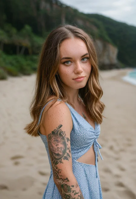 sarah, 1girl, solo, rating_safe, beach, upper body, dress, arm tattoo, freckles