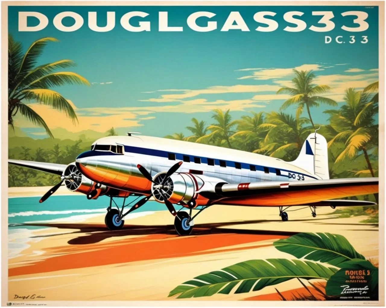 Douglas_DC-3, retro travel poster, art-deco style, polished fuselage, tropical runway, warm palette, masterpiece, best quality, amazing quality <lora:Mini list aircraft sdxl V1:1>