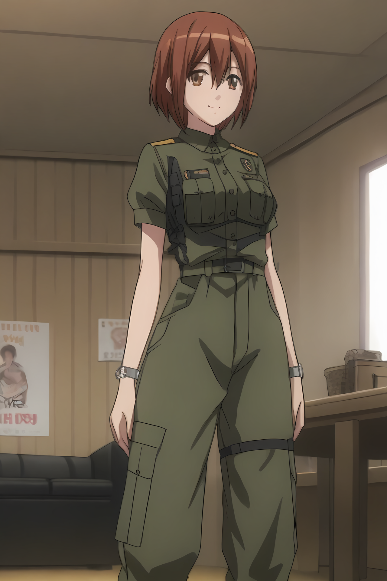 (military uniform:1.50), cpc-manami, short hair, brown hair, hair between eyes, brown eyes, wristwatch, 
medium breasts,
1girl, solo, skinny, (source_anime, score_9, score_8_up, score_8, score_7_up), score_7, score_6_up, score_6, score_5_up, score_5, 
(happy:1.10),
(living room:1.30),
(standing:1.40), (feet:0.80),
<lora:cpc-manami-V04-000003:1.00>