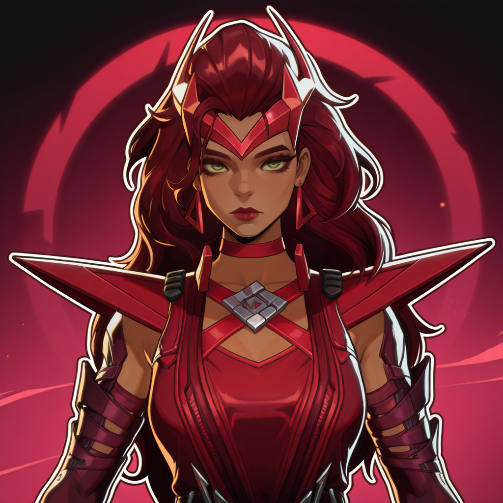 masterpiece, best quality, amazing quality, highres, absurdres, outline,  <lora:Scarlet_Witch_ILLUS_3:1>  , sc1, 1girl, solo, long hair, red hair, green eyes, red lips, elbow gloves, earrings, dress, headgear, choker, dark-skinned female, expressionless,