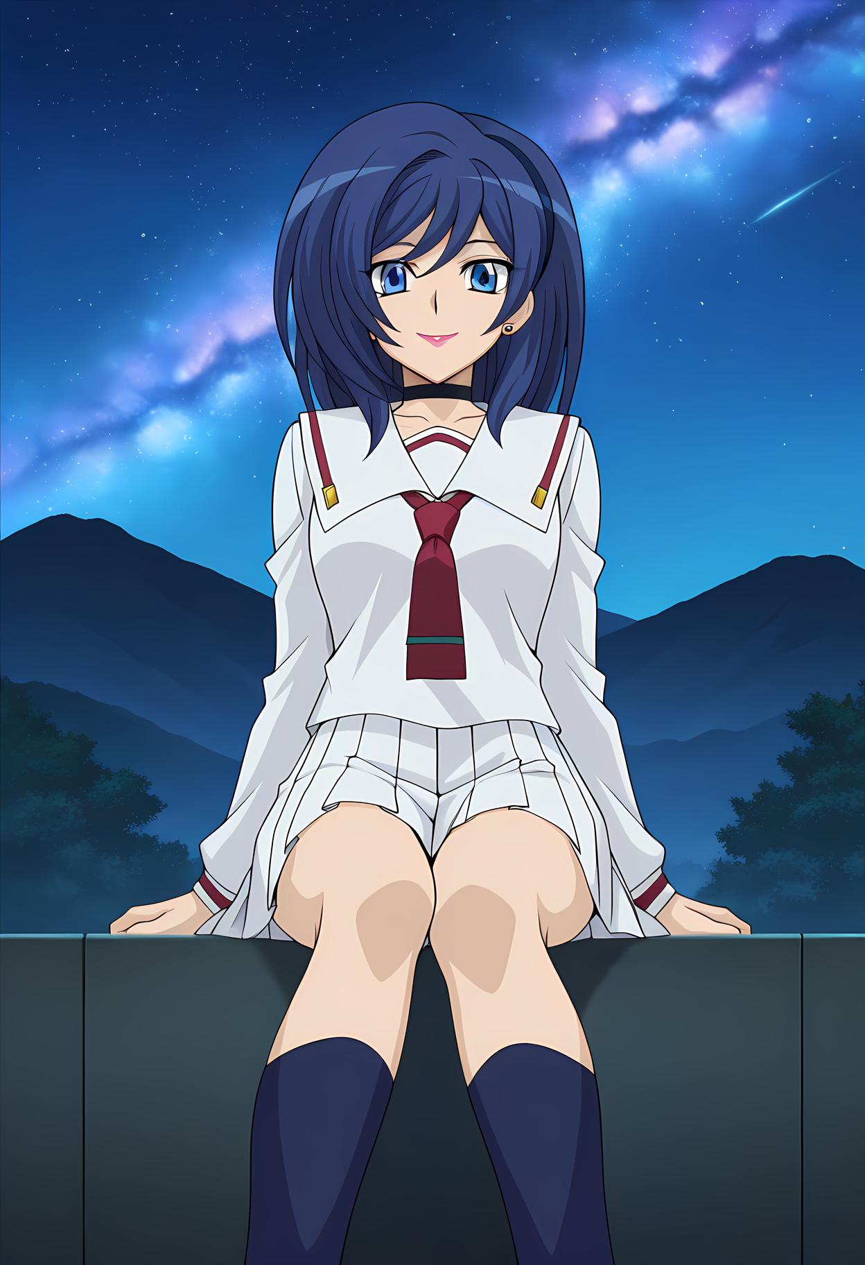 masterpiece,best quality,amazing quality,

1girl, solo, 

Asaka Narumi (Cardfight Vanguard), blue hair, blue eyes, stud earrings, choker, lipstick, school uniform, serafuku, white sailor collar, necktie, long sleeves, pleated skirt, socks, 

looking at viewer, smile, 

cinematic, 

Sit, leaning back, with two arms,

bloom, night, outdoors, at mountain, greenery, galaxy sky, 

Official style, anime screencap, anime coloring, 















