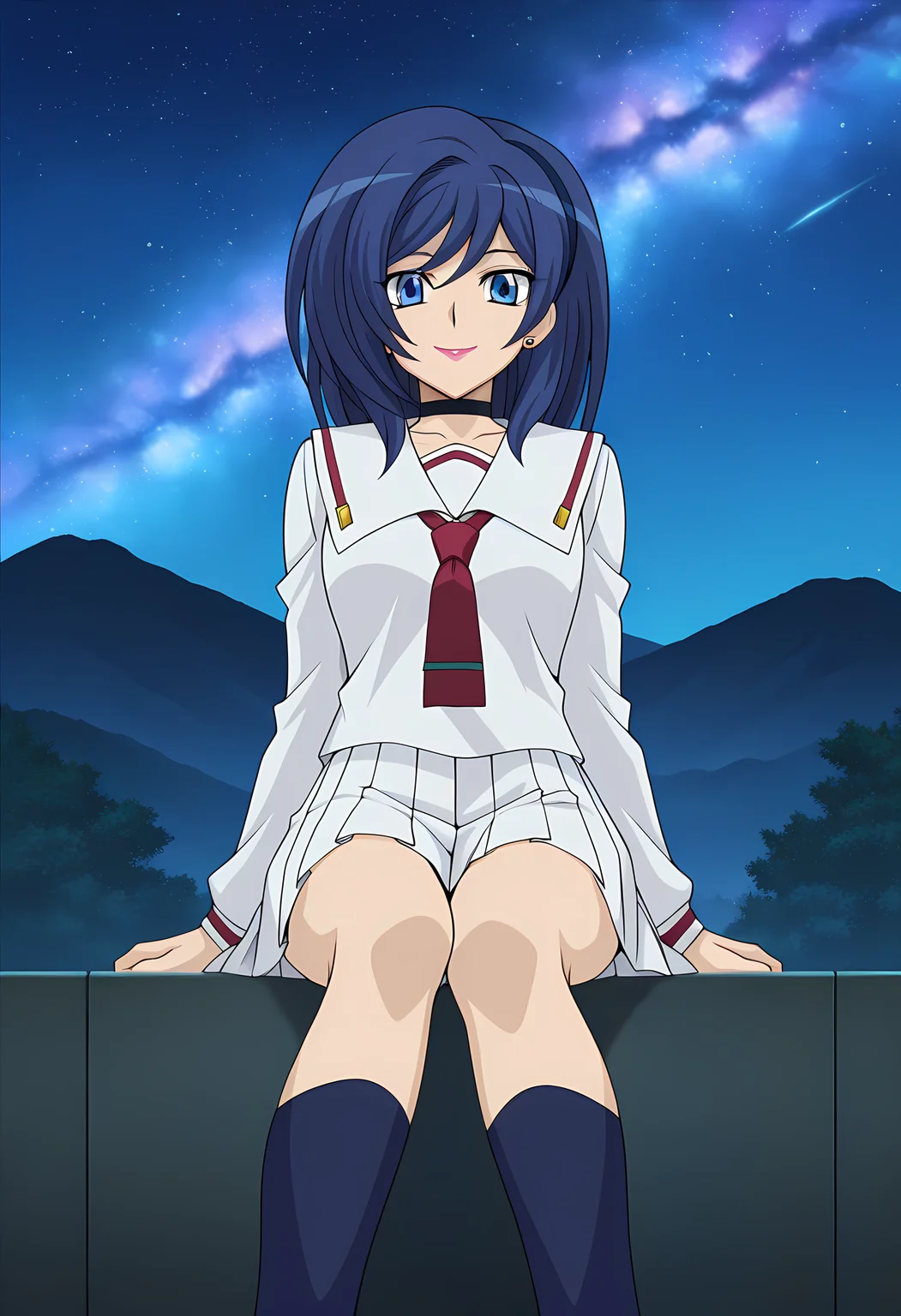 masterpiece,best quality,amazing quality,

1girl, solo, 

Asaka Narumi (Cardfight Vanguard), blue hair, blue eyes, stud earrings, choker, lipstick, school uniform, serafuku, white sailor collar, necktie, long sleeves, pleated skirt, socks, 

looking at viewer, smile, 

cinematic, 

Sit, leaning back, with two arms,

bloom, night, outdoors, at mountain, greenery, galaxy sky, 

Official style, anime screencap, anime coloring, 















