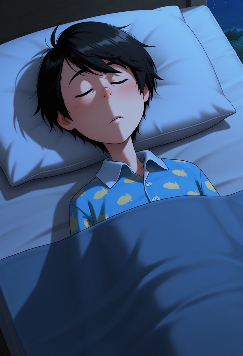 score_9, score_8_up, score_7_up, masterpiece, best quality, amazing quality, the once-ler, 1boy, solo, blue eyes, black hair, pajamas, night, sleeping, eyes closed