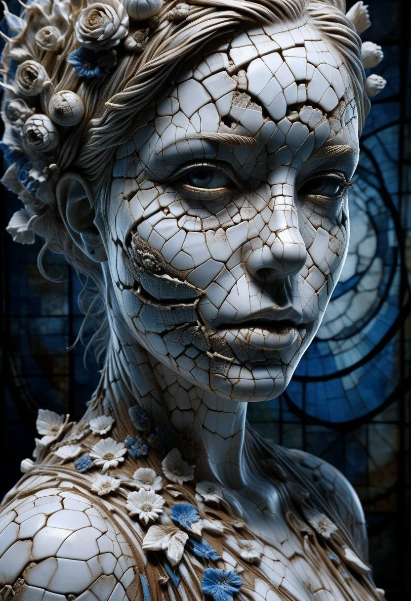 Close-up porcelain face, mysterious silhouette of a porcelain woman in worn down porcelain clothing, white and blue porcelain, alluring goddess, by Minjae Lee, Carne Griffiths, Emily Kell, Steve McCurry, Geoffroy Thoorens, Aaron Horkey, Jordan Grimmer, Greg Rutkowski, amazing depth, double exposure, surreal, geometric patterns, intricately detailed, bokeh,  perfect balanced, deep fine borders, artistic photorealism , smooth,  great masterwork by Suiras  <lora:add-detail-xl:2>  <lora:Double_Exposure:0.5>