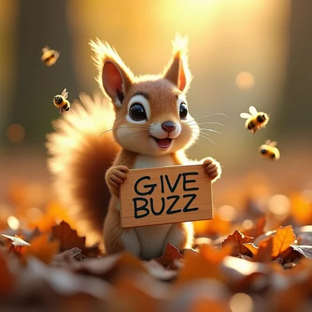 miniature squirrel, oversized dark eyes shimmering A mischievous squirrel standing upright, holding a little wooden sign that says "GIVE BUZZ" in playful, handwritten letters. The squirrel has wide, hopeful eyes and a cheeky grin, set in a bright forest with sunlight streaming through the trees. The squirrel’s bushy tail is extra fluffy, and it’s surrounded by tiny, curious bees buzzing nearby.", nestled in a bed of autumn leaves, soft fur dusted with fall colors, high definition macro photography, shallow depth of field, bokeh effect in the background, natural light, ultra clear, highly detailed
