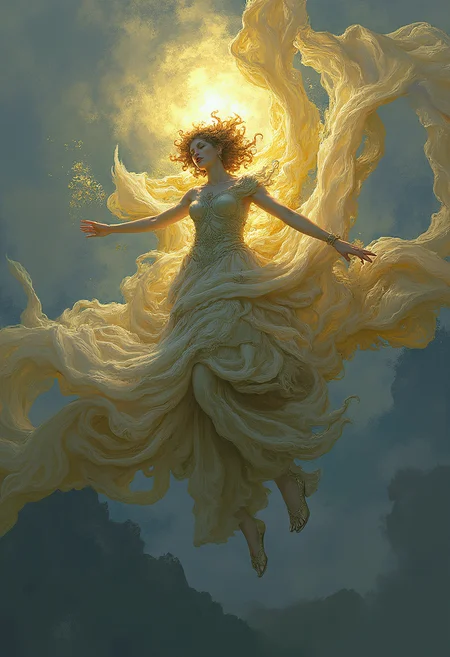 painting of a woman in a flowing dress flying through the air, dramatic fantasy art, highly detailed fantasy art, fantasy art behance, vector behance hd jesper ejsing, by Todd Lockwood, detailed matte fantasy painting, liliana vess, angelarium, elegant cinematic fantasy art, affable , wenjun lin, beautiful fantasy painting, very beautiful fantasy art,