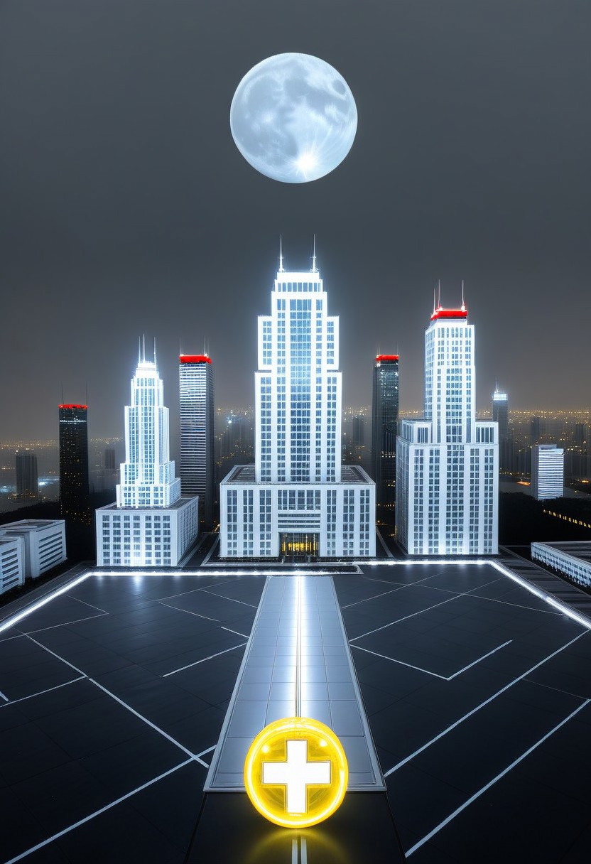 a group of golden square-shaped ornaments on black ground surrounded by gray lines, and gray ornaments with rectangular lines; light bluish gray-light skyscrapers sometimes with a light greenish tint with frequent square windows, above two skyscrapers a red diode warning aircraft; with a dark gray sky and a light gray sky illuminated by a bright white-blue moon,