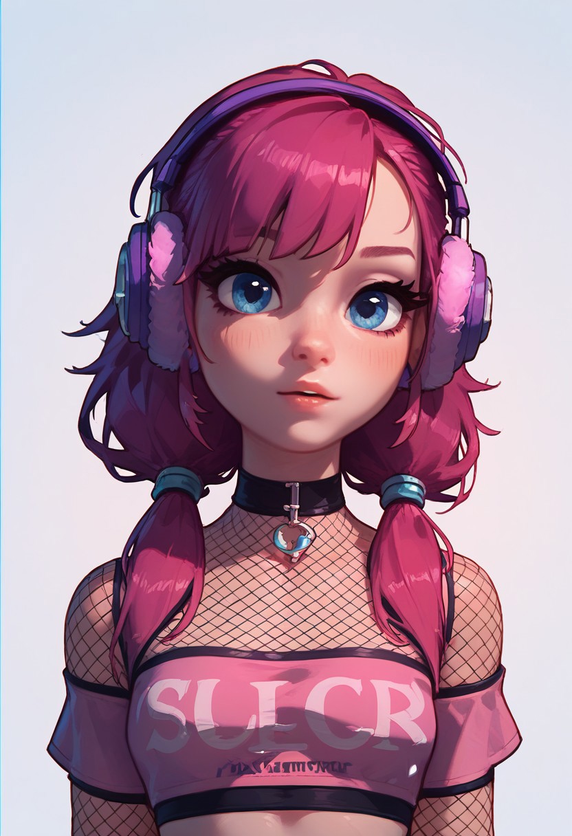 score_9,score_8_up,score_7_up, 1girl, medium magenta hair, low twintails, blue eyes. wearing earmuffs, fuzzy crop top, fishnet sleeve