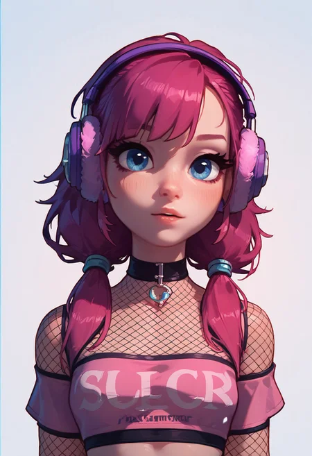 score_9,score_8_up,score_7_up, 1girl, medium magenta hair, low twintails, blue eyes. wearing earmuffs, fuzzy crop top, fishnet sleeve