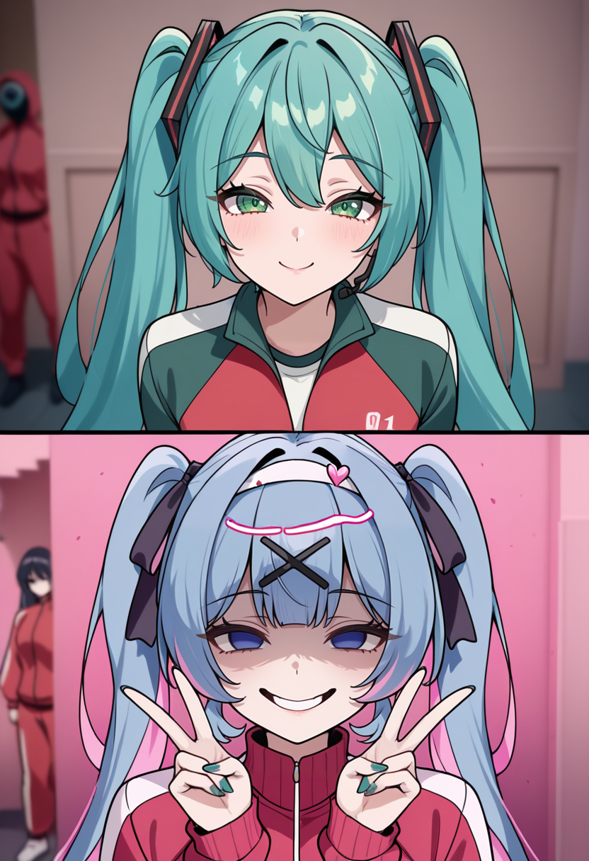 masterpiece, best quality, newest, absurdres, highres, 2girls, 2koma, looking at viewer, comic, scene reference, track jacket, blurry background, <lora:Year1&Year2SquidGameMeme_illusXLNoobAI_Incrs_v1:1>, dual persona, expressions, smile, hatsune miku, green eyes, 
masterpiece, best quality, newest, absurdres, highres, 2girls, 2koma, looking at viewer, comic, scene reference, track jacket, blurry background, <lora:Year1&Year2SquidGameMeme_illusXLNoobAI_Incrs_v1:1>, dual persona, empty eyes, shaded face, hatsune miku, rabbit hole \(vocaloid\), double v, light smile, forced smile,