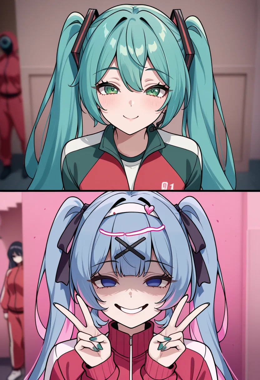 masterpiece, best quality, newest, absurdres, highres, 2girls, 2koma, looking at viewer, comic, scene reference, track jacket, blurry background, <lora:Year1&Year2SquidGameMeme_illusXLNoobAI_Incrs_v1:1>, dual persona, expressions, smile, hatsune miku, green eyes, 
masterpiece, best quality, newest, absurdres, highres, 2girls, 2koma, looking at viewer, comic, scene reference, track jacket, blurry background, <lora:Year1&Year2SquidGameMeme_illusXLNoobAI_Incrs_v1:1>, dual persona, empty eyes, shaded face, hatsune miku, rabbit hole \(vocaloid\), double v, light smile, forced smile,