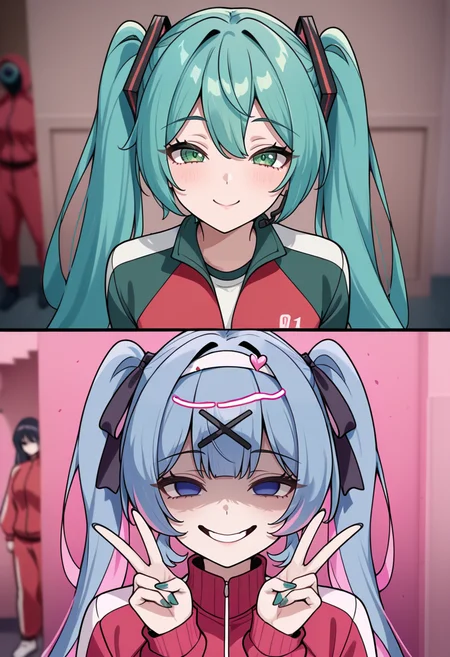 masterpiece, best quality, newest, absurdres, highres, 2girls, 2koma, looking at viewer, comic, scene reference, track jacket, blurry background, <lora:Year1&Year2SquidGameMeme_illusXLNoobAI_Incrs_v1:1>, dual persona, expressions, smile, hatsune miku, green eyes,
masterpiece, best quality, newest, absurdres, highres, 2girls, 2koma, looking at viewer, comic, scene reference, track jacket, blurry background, <lora:Year1&Year2SquidGameMeme_illusXLNoobAI_Incrs_v1:1>, dual persona, empty eyes, shaded face, hatsune miku, rabbit hole \(vocaloid\), double v, light smile, forced smile,
