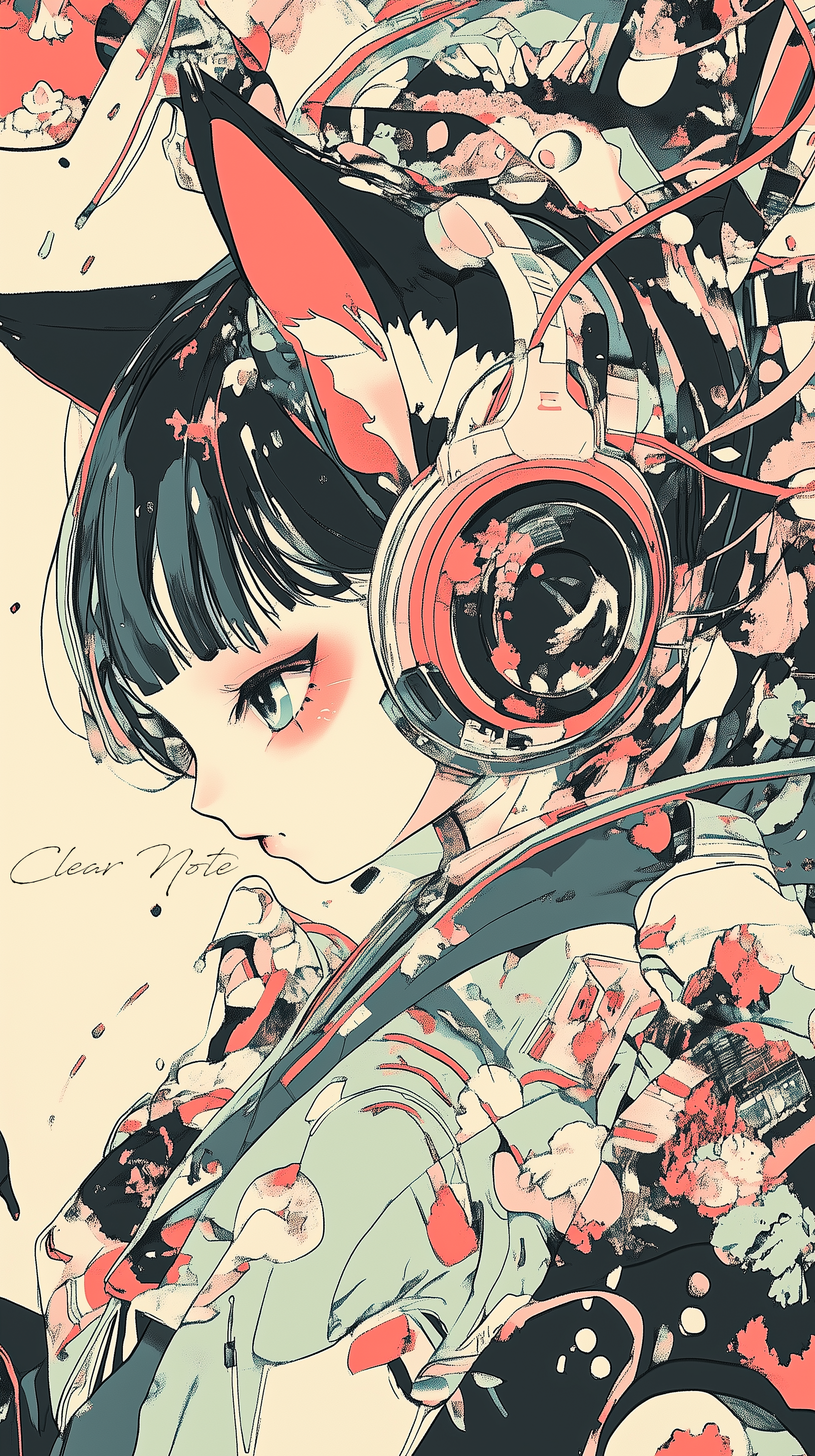 Japanese anime art style, tessellation, A girl in a cute kimono is looking at me, Cat ears, Futuristic, Cyberpunk, headphone