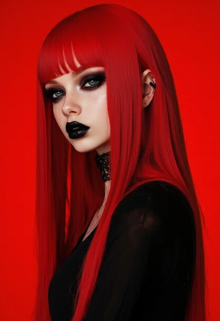 high contrast neon anime style in red and yellow,FictionalCrystal, a goth girl with heavy black eye makeup and black lipstick.