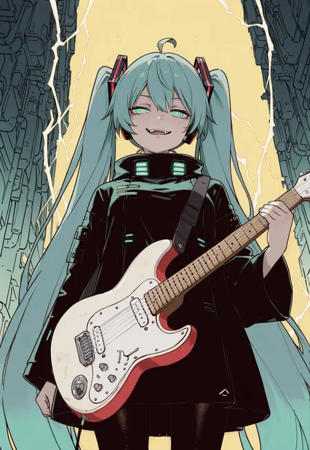masterpiece, newest,absurdres,incredibly absurdres, best quality, amazing quality, very aesthetic, bstract, watercolor, traditional media, scan,blending,
1girl,solo, alone, hatsune miku, aqua green hair, aqua geen eyes, ahoge, glowing eyes,absurdly long twintail, hair ornaments, glowing headphone, pale skin, evil smirk, fangs, holding, (holding an electric guitar:1.2), holding an elemental, Standing, neon skyscrapers background, glowing neon colors, floating hair, very windy, upper body, flat color, lineart, high saturation, surrounded, lowing color, thunder magic, yellow lightning, short cyberpunk techwear coat, tights, luminous trails, vibrant colors, cinematic angle, low angle, yb