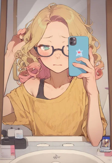 score_9, score_8_up, score_7_up, score_6_up, vivid, vivid colors, colorful, eye catching, BREAK, 21 year old woman, (college girlfriend), glasses, shy, blushing, (flirty:1.4), iphone mirror selfie, holding blue iphone, flat chest, curly hair, blonde to pink hair color gradient,