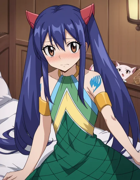 score_9, score_8_up, score_7_up, source_anime,
wendymarvell, <lora:wendy-marvell-s7-ponyxl-lora-nochekaiser:1>
wendy marvell, long hair, hair ornament, twintails, brown eyes, blue hair,
bare shoulders, tattoo, armlet, dress, green dress,
indoors, bed, bed room, on side, blush, drunk,
looking at viewer, dutch angle, cowboy shot