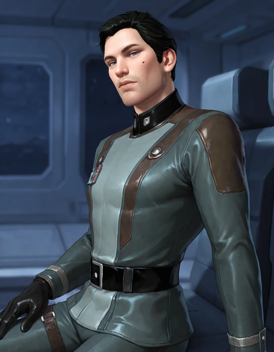 masterpiece, best quality, newest, perfect quality, best quality, detailed background, intricate details, male focus, realistic, <lora:SWTOR - Malavai Quinn - Illustrious-000010:0.7>, m_quinn, 1boy, mature male, black hair, blue eyes, mole on cheek, military jacket, gloves, belt, pants, spacecraft interior, sitting, contrapposto, head tilt, from side, looking at viewer