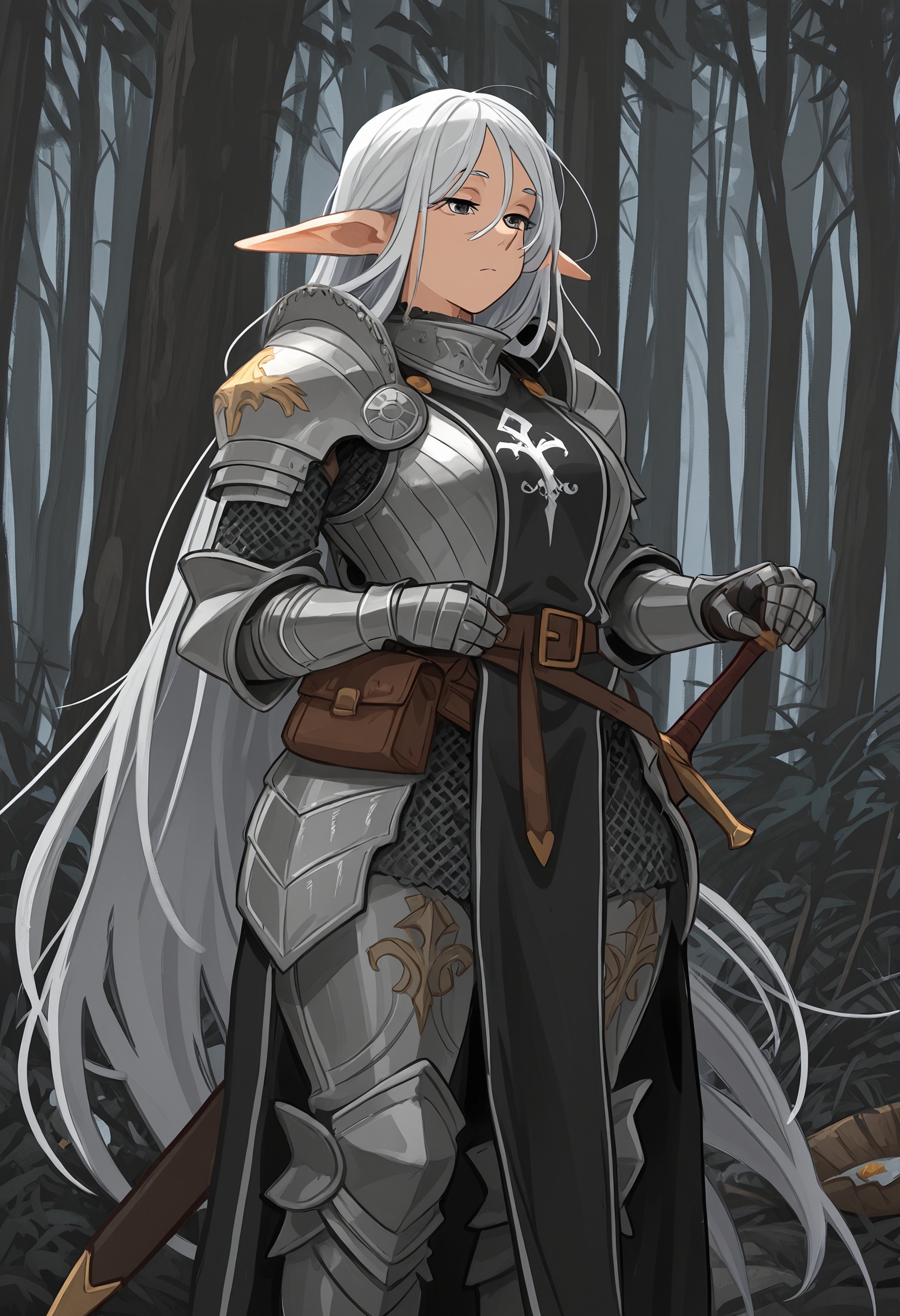 mature female, 1girl, elf, (solo), (very long ears), pointy ears, huge ass, bottom heavy, massive wide hips, (grey eyes), very long hair, flowing hair, (white_hair), waist belt, belt pouch, (knight), (full armor), chausses, ((gothic plate armor)), gorget, bevor, couter, cuirass, pauldrons, gauntlets, vembrances, rerebraces, faulds, greaves, (chainmail), (long white and black tabard), (sheathed), hand on hilt, scabbard, sword, (unaware), outdoors, dark forest, dense forest, masterpiece, best quality, amazing quality, very aesthetic, absurdres, highres, newest, latest, khly2, <lora:cabe3100-c5ea-457b-a462-163ce9dc1d35:0.9>