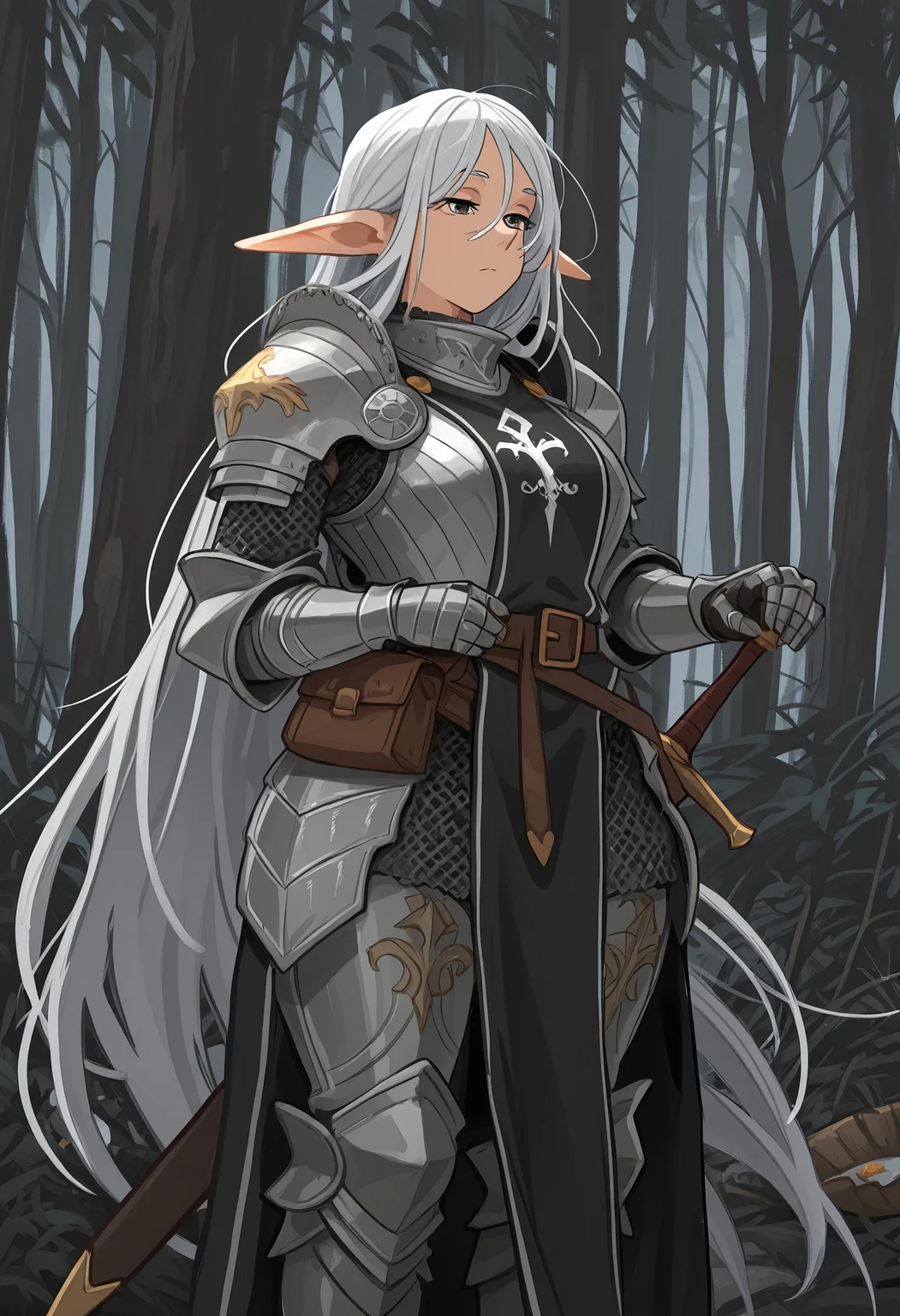 mature female, 1girl, elf, (solo), (very long ears), pointy ears, huge ass, bottom heavy, massive wide hips, (grey eyes), very long hair, flowing hair, (white_hair), waist belt, belt pouch, (knight), (full armor), chausses, ((gothic plate armor)), gorget, bevor, couter, cuirass, pauldrons, gauntlets, vembrances, rerebraces, faulds, greaves, (chainmail), (long white and black tabard), (sheathed), hand on hilt, scabbard, sword, (unaware), outdoors, dark forest, dense forest, masterpiece, best quality, amazing quality, very aesthetic, absurdres, highres, newest, latest, khly2, <lora:cabe3100-c5ea-457b-a462-163ce9dc1d35:0.9>