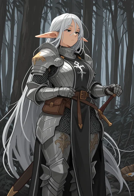 mature female, 1girl, elf, (solo), (very long ears), pointy ears, huge ass, bottom heavy, massive wide hips, (grey eyes), very long hair, flowing hair, (white_hair), waist belt, belt pouch, (knight), (full armor), chausses, ((gothic plate armor)), gorget, bevor, couter, cuirass, pauldrons, gauntlets, vembrances, rerebraces, faulds, greaves, (chainmail), (long white and black tabard), (sheathed), hand on hilt, scabbard, sword, (unaware), outdoors, dark forest, dense forest, masterpiece, best quality, amazing quality, very aesthetic, absurdres, highres, newest, latest, khly2, <lora:cabe3100-c5ea-457b-a462-163ce9dc1d35:0.9>