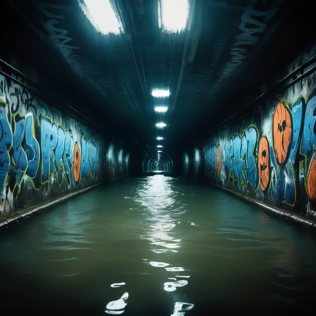 photo of a scary flooded tunnel with brakish water in it, <lora:UrbanGraffiti:1>, UrbanGraffiti , cinematic light, (masterpiece:1.3), (intricate:1), best quality, horror scene, dark