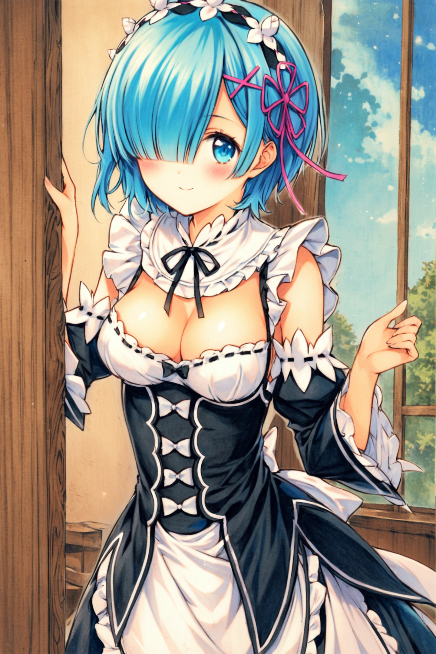 rem (re:zero),1girl,roswaal mansion maid uniform,maid,blue eyes,blue hair,hair over one eye,x hair ornament,short hair,alternate hairstyle,breasts,looking at viewer,detached sleeves,hair ornament,smile,blush,medium breasts,cleavage,maid headdress,ribbon,solo,peeking out,traditional media,<lora:MIN-NARAKEN_XL:0.8>,