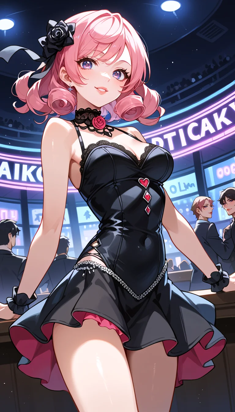 score_9, score_8_up, score_7_up, Anime Style, Cowboy Shot, girl, cute, seductive, innocent, light smile:0.3, plump lips, slender body, hard rock idol, curly pink hair, perfect eyes, in high detailed black gothic-suit, ultra-detailed gothic-dress, sleeveless top, short wide skirt, inside a nightclub, depth of field, dynamic angle, fashion photography, sharp, hyperdetailed:1.15