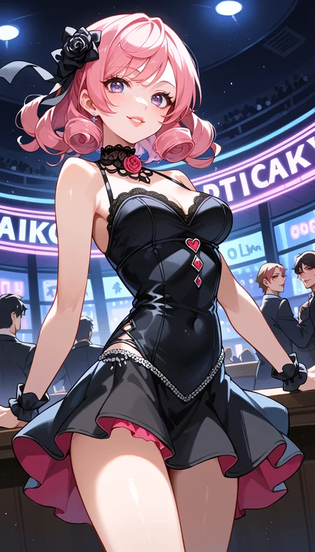 score_9, score_8_up, score_7_up, Anime Style, Cowboy Shot, girl, cute, seductive, innocent, light smile:0.3, plump lips, slender body, hard rock idol, curly pink hair, perfect eyes, in high detailed black gothic-suit, ultra-detailed gothic-dress, sleeveless top, short wide skirt, inside a nightclub, depth of field, dynamic angle, fashion photography, sharp, hyperdetailed:1.15