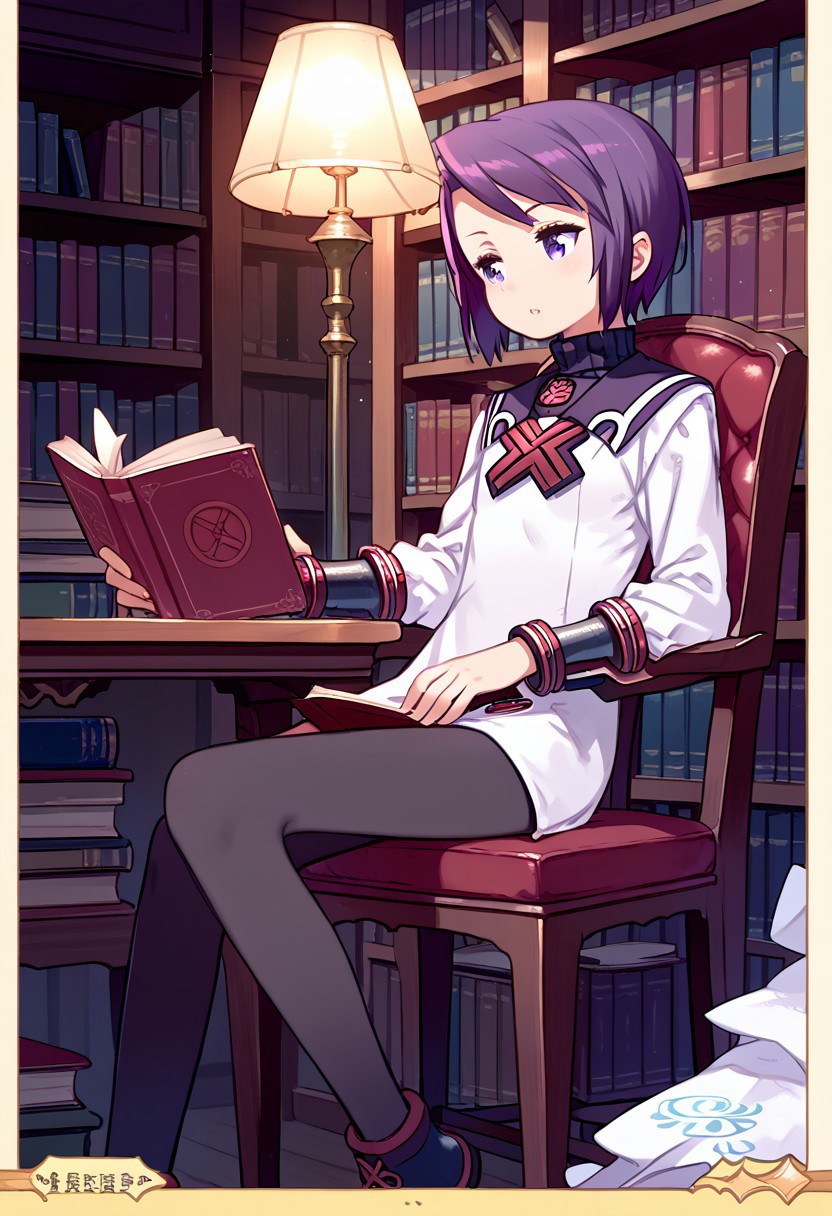 score_8, score_8_up, score_7_up, source_anime, anime screenshot,  1girl, female focus, solo, toris_SN2, purple hair, short hair, bangs, sidelocks, short hair with long locks, turtleneck, sailor collar, white dress, short dress, dress, long sleeves, bracers, pantyhose, purple pantyhose, ankle boots, sitting, reading, book, indoors, library, fantasy, table, chair, lamp,
