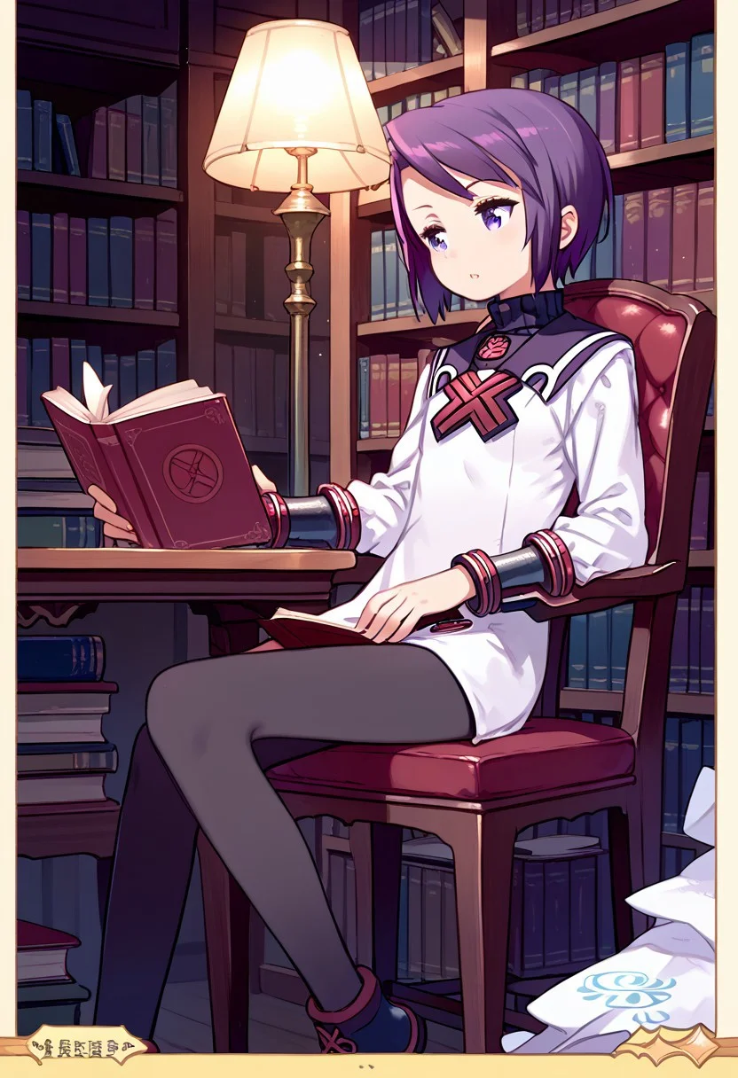 score_8, score_8_up, score_7_up, source_anime, anime screenshot, 1girl, female focus, solo, toris_SN2, purple hair, short hair, bangs, sidelocks, short hair with long locks, turtleneck, sailor collar, white dress, short dress, dress, long sleeves, bracers, pantyhose, purple pantyhose, ankle boots, sitting, reading, book, indoors, library, fantasy, table, chair, lamp,