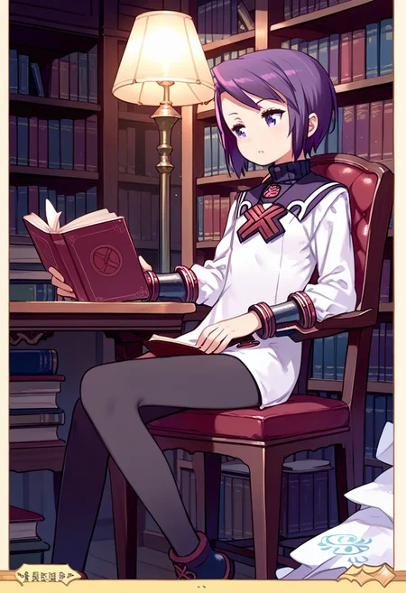 score_8, score_8_up, score_7_up, source_anime, anime screenshot,  1girl, female focus, solo, toris_SN2, purple hair, short hair, bangs, sidelocks, short hair with long locks, turtleneck, sailor collar, white dress, short dress, dress, long sleeves, bracers, pantyhose, purple pantyhose, ankle boots, sitting, reading, book, indoors, library, fantasy, table, chair, lamp,