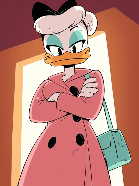 score_9, score_8_up, score_7_up, score_6_up, best quality, highres, source_furry, masterpiece, BREAK ppp BREAK
1girl, female, solo, mansion, detailed background, female, daisy, duck, beak, white skin, white body, white hair, black eyes, breasts, looking down at viewer, from below, round bangs, hair bun, centered hair bow, pink trenchcoat, crossed arms, blue eyeshadow, teal purse <lora:Drockdraw_Style:0.7> <lora:Daisy_Duck3:0.9>