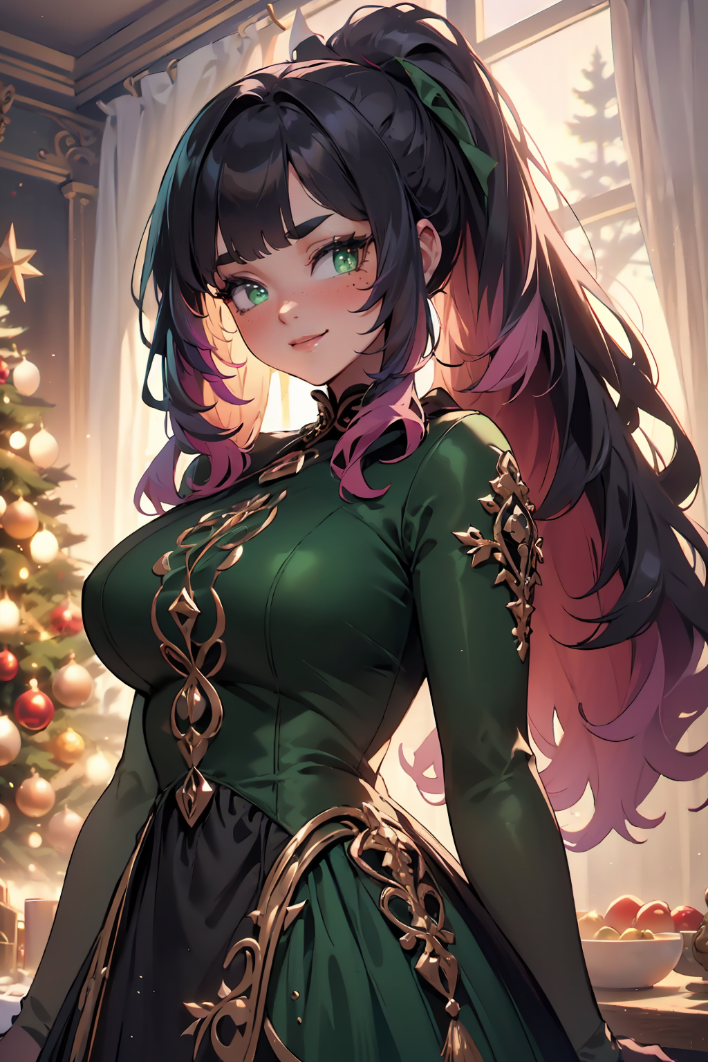 (masterpiece, best quality, highres, high resolution:1.2), extremely detailed, intricate details, 1girl, solo, looking at viewer, clamEmma, <lora:clamEmma:0.6>,  <lora:HolidayIdidalittlebit:0.8> holidayxl style, holidayxl style dress, smile, christmas tree, side-swept bangs, black hair, pink IncursioDipDyedHair, messy mid ponytail, green eyes, thick eyebrows, freckles, <lora:DipDyedHair:0.8>, <lora:weight_slider_v2:0.25>, (cinematic lighting, bloom, volumetric)