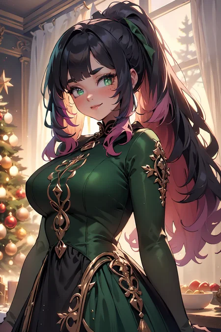 (masterpiece, best quality, highres, high resolution:1.2), extremely detailed, intricate details, 1girl, solo, looking at viewer, clamEmma, <lora:clamEmma:0.6>, <lora:HolidayIdidalittlebit:0.8> holidayxl style, holidayxl style dress, smile, christmas tree, side-swept bangs, black hair, pink IncursioDipDyedHair, messy mid ponytail, green eyes, thick eyebrows, freckles, <lora:DipDyedHair:0.8>, <lora:weight_slider_v2:0.25>, (cinematic lighting, bloom, volumetric)
