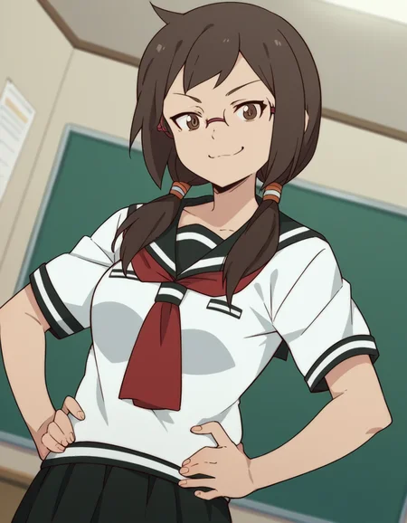 score_9, score_8_up, score_7_up, source_anime, <lora:kotoha-isone-hnu-ponyxl-lora-nochekaiser:1>, kotoha isone, brown hair, twintails, brown eyes, glasses,, skirt, school uniform, serafuku,, indoors, smug, smile, looking at viewer, solo, hands on hips,, cowboy shot, dutch angle