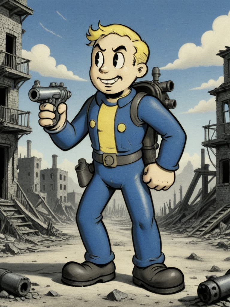old cartoon illustration, fallout, vaultboy <lora:A_RubberHose_Character_v2_SDXL:1> rubber_hose_character, city ruins background, gun
 <lora:A_GraphiteCharcoal_Style:1> graphite_charcoal