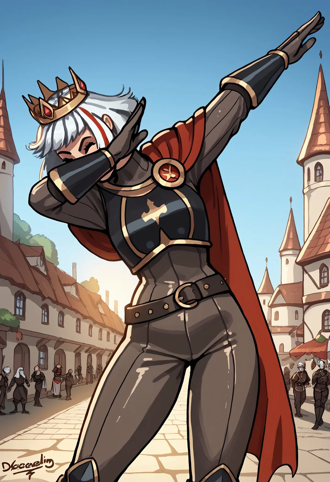 score_9, score_8_up, score_7_up, score_6_up, drgraevling-dh BREAK, epdabbing, outstretched arm, standing, covered face, closed eyes, 1girl, solo, bimbo, short hair, white hair, multicolored hair, crown, armor, gloves, bracers, belt, bodysuit, cape, thick thighs, medieval town <lora:add-detail-xl:0.3> <lora:Ulfger_PDXL:0.7> <lora:EPdab:1> <lora:Artist_Style_-_DrGraevling:0.7>